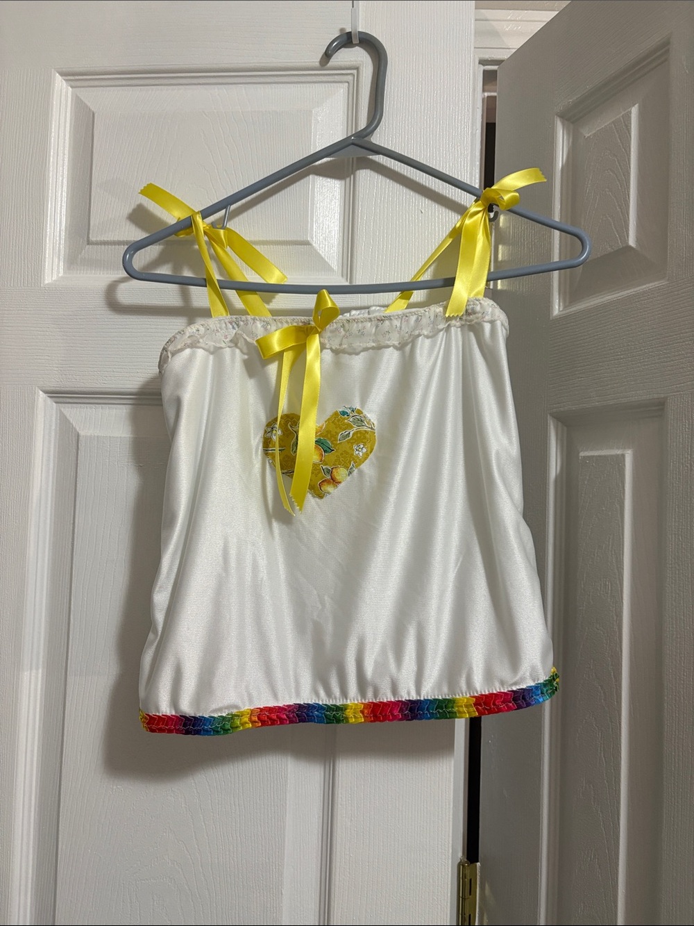 White Satin Crop Tank with Yellow Ribbon Straps & Rainbow Trim handmade